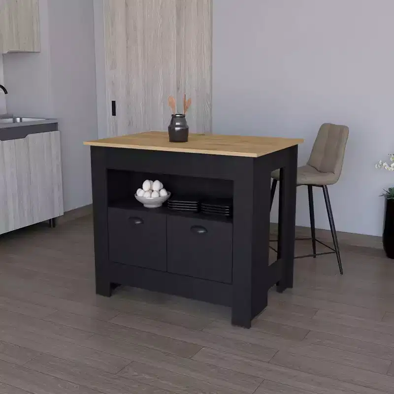 Okak Modern Kitchen Island with 2 Cabinet Doors, Countertop Organizer with 3 Storage Shelves, Kitchen Island Table for Dining Room