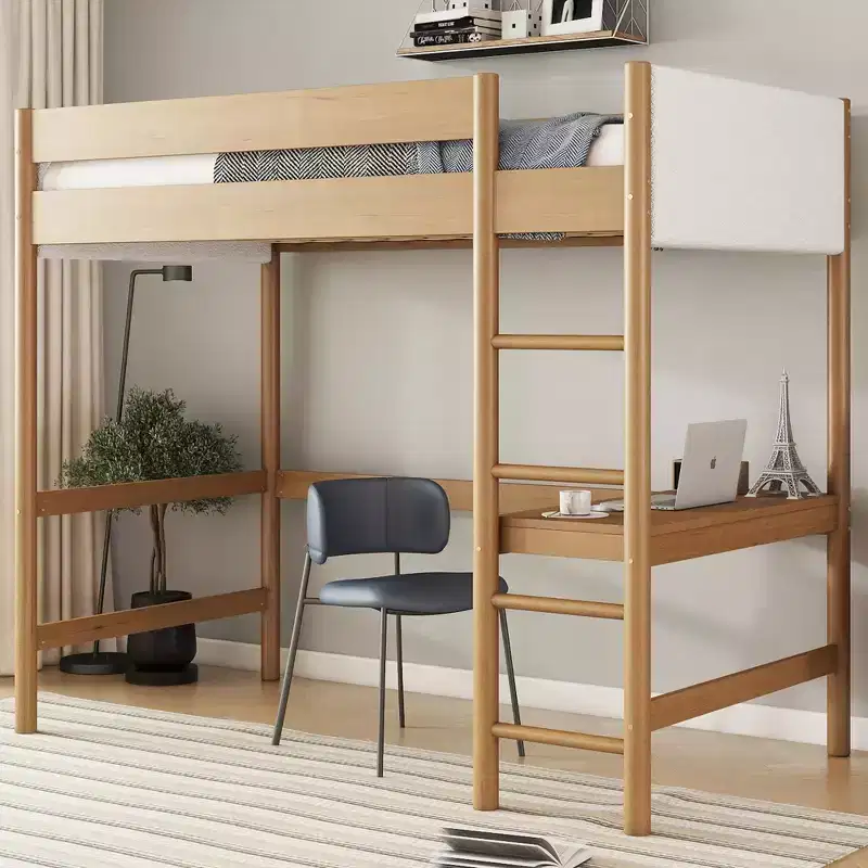 Twin Size Loft Bed with Built-in Desk, Boucle Upholstered Headboard/Footboard, Rubber Wood Bed Frame, Natural - ModernLuxe
