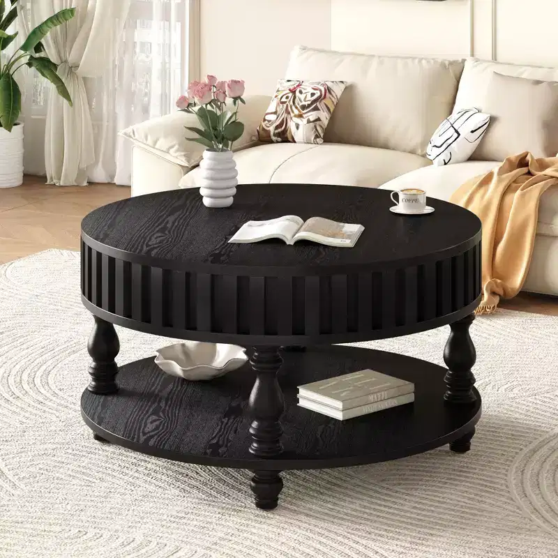 Vintage Round 2-Tier Coffee Table with Dual Storage, Solid Wood Veneer Center Table for Living Room, Bedroom