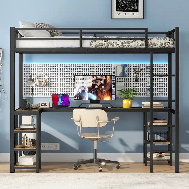 Metal Loft Bed with Desk and Shelves