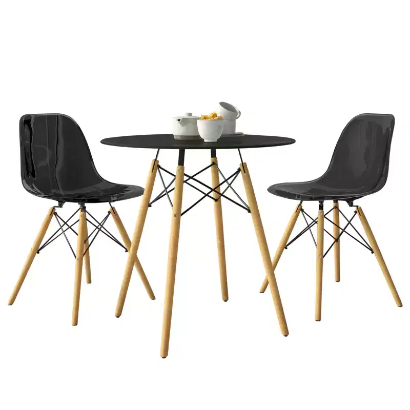 LeisureMod Dover 3-Piece Dining Set  Round Black MDF Bistro Table with 2 Plastic Chairs, Modern Kitchen, Dining Room, Small Space, Cafe Seating