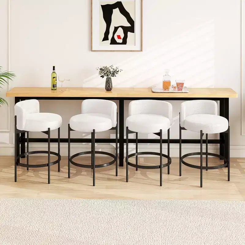 Costway Boucle Counter Stools Set of 4 w/Curved Backrest Metal Frame Comfy Footrest