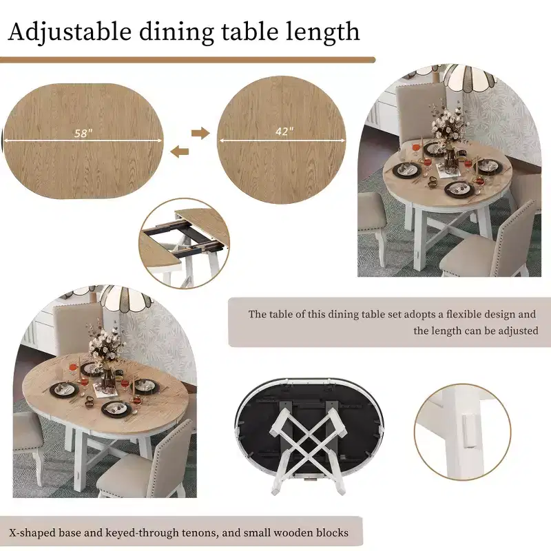 Whisen 5-Piece Farmhouse Dining Table Set with Extendable Dining Table and 4 Upholstered Dining Chairs