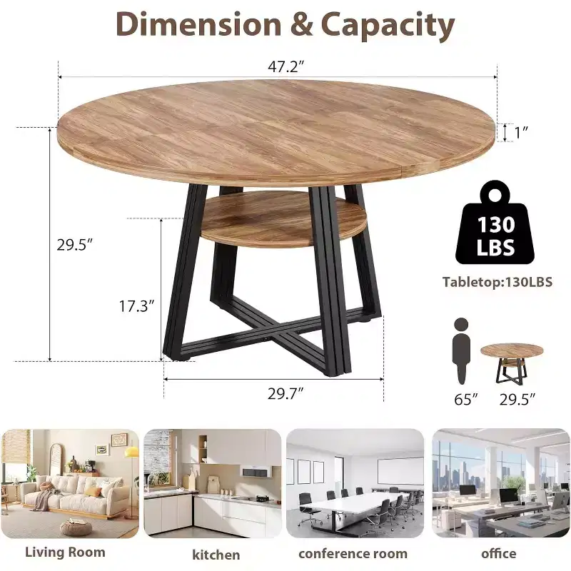 Round Dining Table for 4-6, 42 Farmhouse Kitchen Table with Storage, Circle Dinner Tables for Kitchen, Dining Room, Living Room, Meeting Room