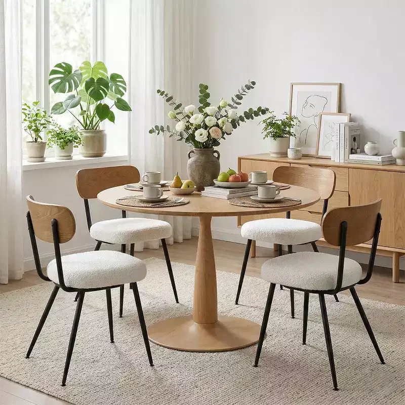 Modern 5-Piece Round Dining Table Set, 39.5 Pedestal Kitchen Dining Set with 4 Boucle Upholstered Chairs for Kitchen & Dining Room-Panipeachy
