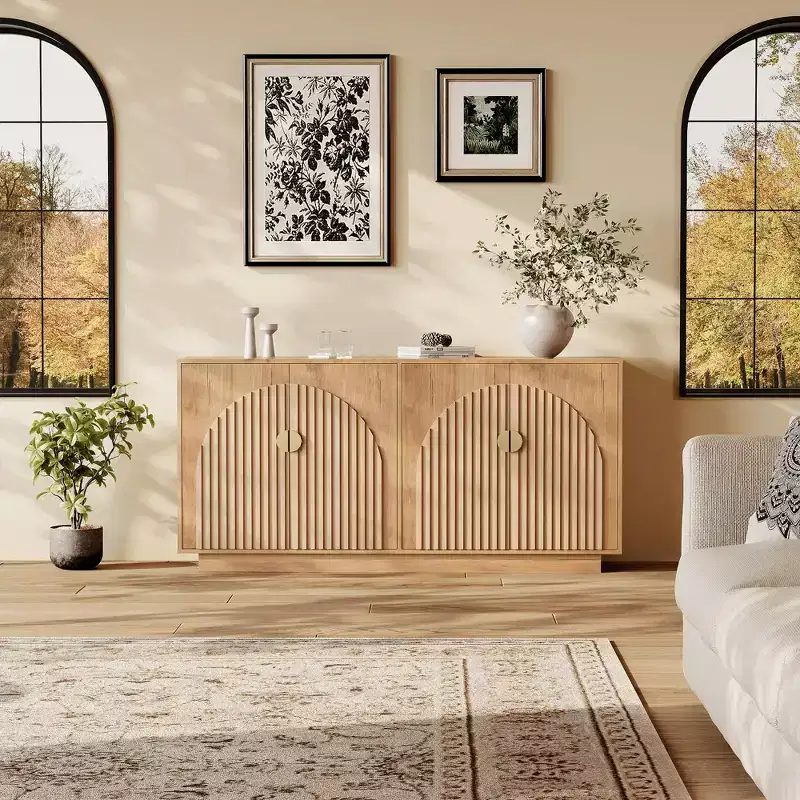 63 Modern Farmhouse Sideboard Buffet Cabinet with Storage and Fluted Doors - Storage Sideboard for Dining Room, Coffee Bar & Wine Bar Console Table