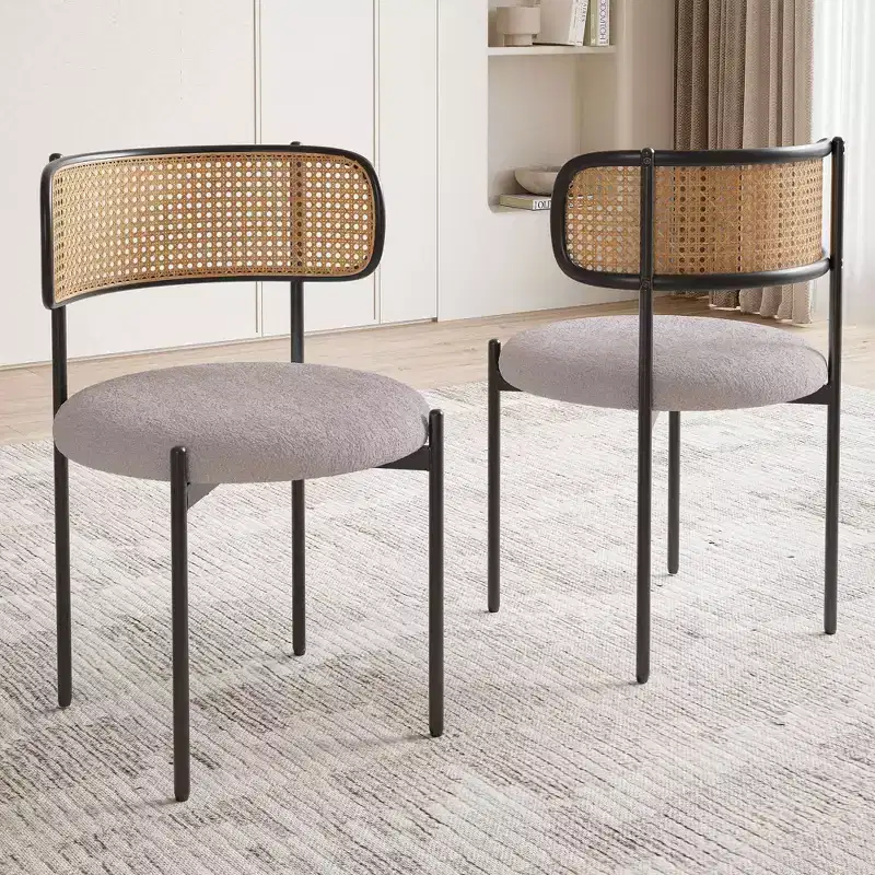 Modern Upholstered Dining Chairs Set of 2 with Metal Legs Rattan Back Dining Room Chairs for Kitchen Gray