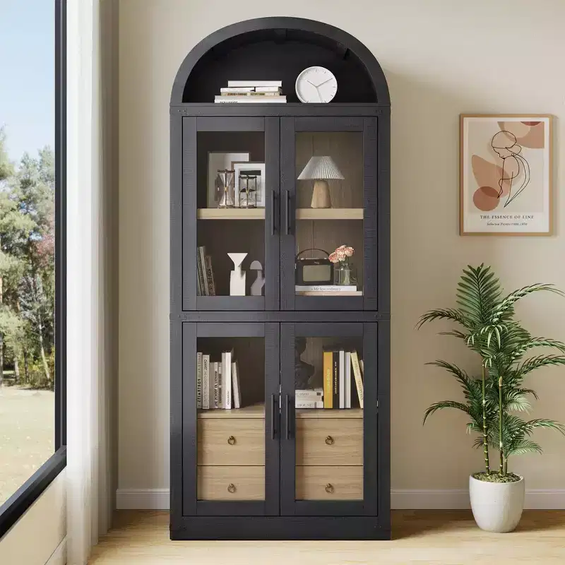 GustoWave 71.4 Tall Arched Bookcase with 4 Doors and 2 Drawers, 15.8 Depth Display Cabinet Storage Shelves ,Wooden Bookshelf