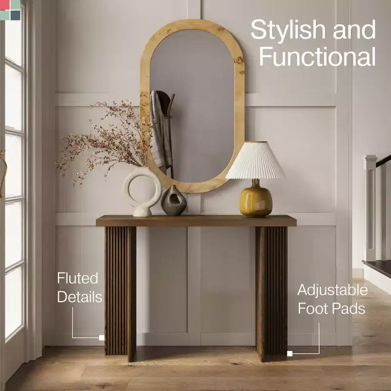 Fluted Console Table with Oak Wood Grain Top - Narrow Entryway Table, Mid-Century Modern Design