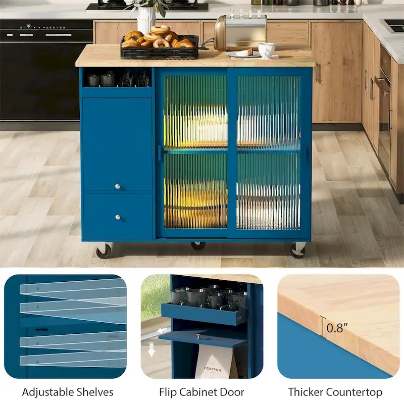 Kitchen Island with Drop Leaf,LED Light Kitchen Cart on Wheels