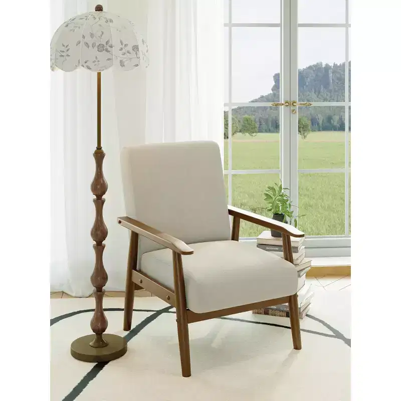 Tree City - Mid-Century Modern Linen Accent Chair with Solid Wood Frame, Off White