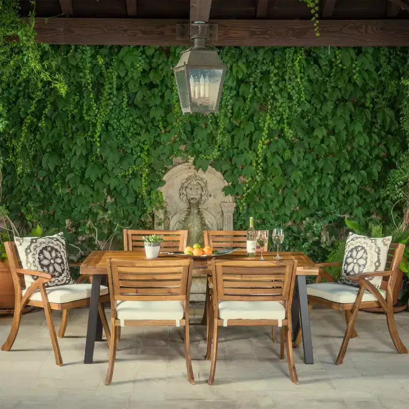 Christopher Knight Home Spanish Bay Outdoor 7 Piece Acacia Wood and Rustic Metal Dining Set with Cushions