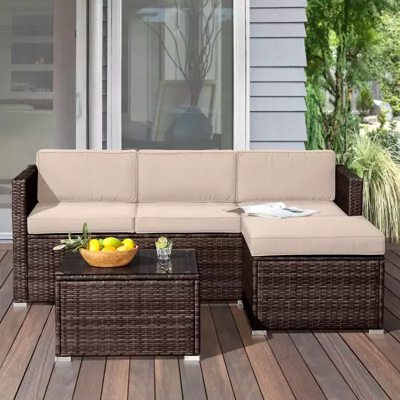 Pure Garden 3pc Outdoor Patio Rattan Furniture Set with Sectional Ottoman and Table Brown