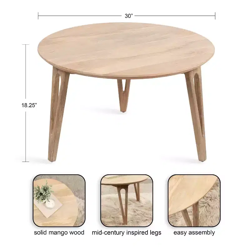 Round Solid Mango Wood Coffee Table with Hairpin Legs – 30