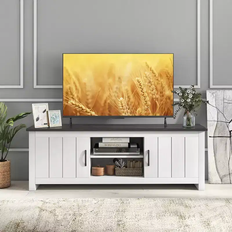 Costway Farmhouse TV Stand for TVs up to 65 Media Console Center w/ Doors Cubbies