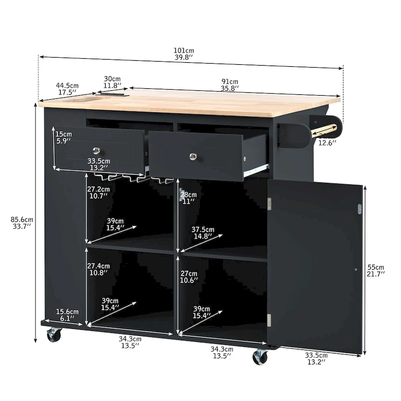 Adjustable Shelves Kitchen Island with Power Outlet and Drop Leaf