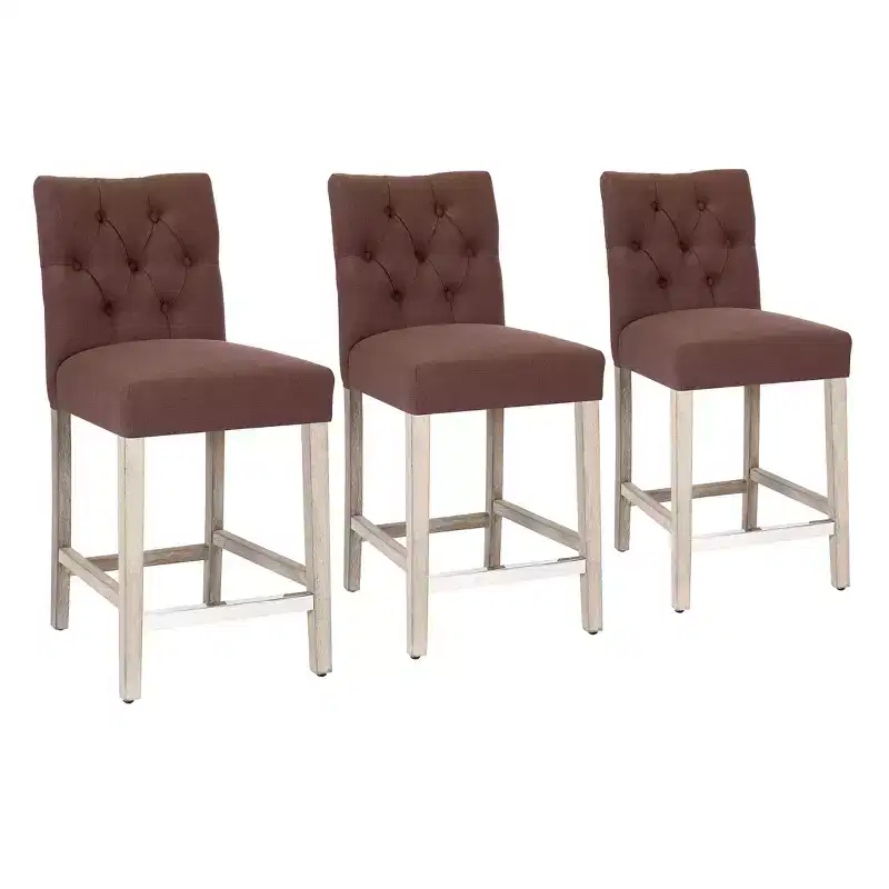 WestinTrends Hayes 24 Linen Fabric Tufted Counter Stool (Set of 3), Antique Gray, Brown