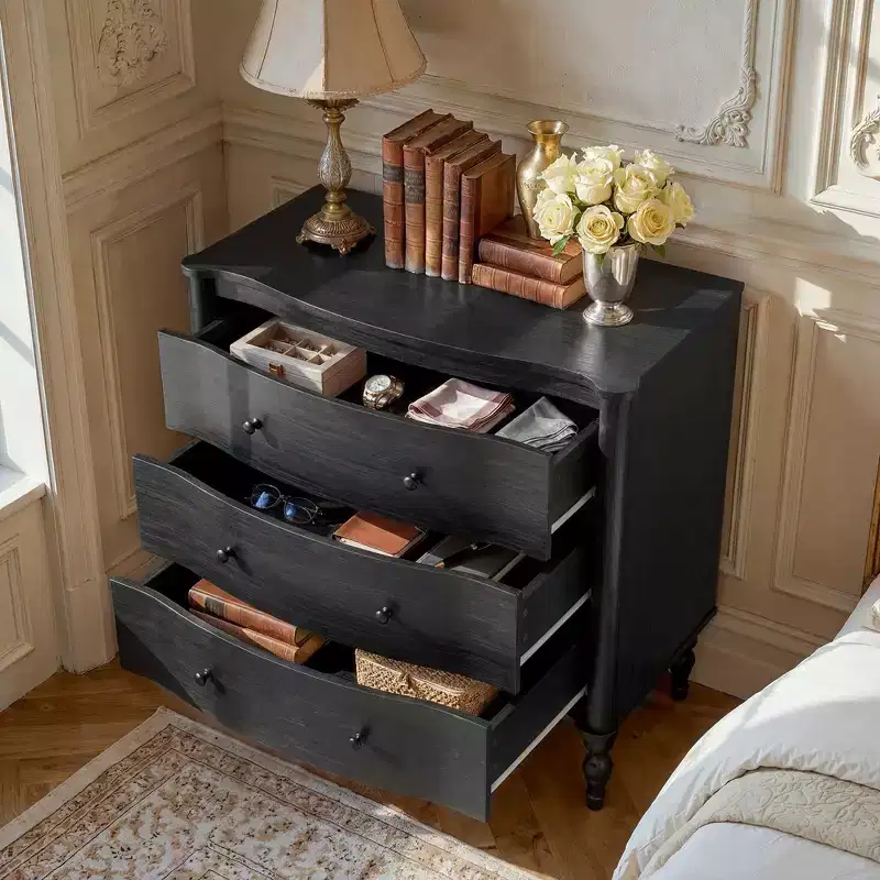 Homsee Wood Nightstand,3 Drawers Dresser  Modern Curved Front Chest of Drawers for with Vintage Turned Legs