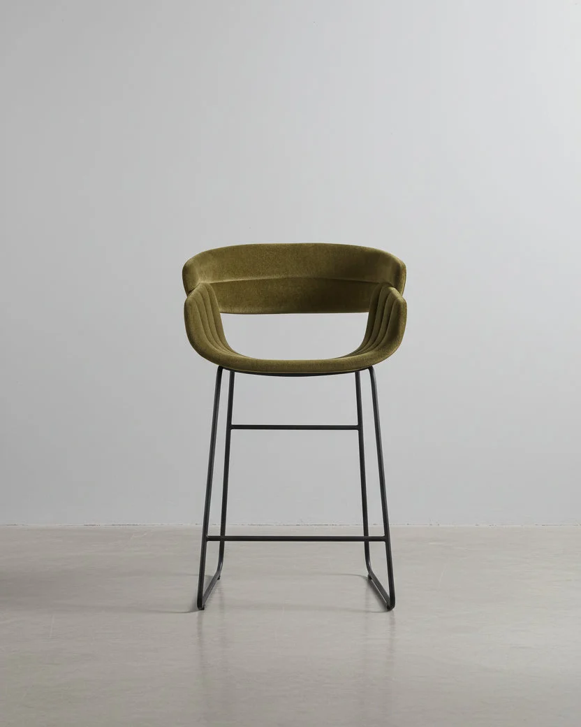 Modern Olive Velvet Counter Stool with Channel-Stitch Detail for Kitchen
