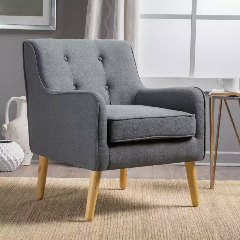 Okak Modern Mid-Century Accent Chairs for Bedroom, Tufted Fabric Accent Chair with Solid Wood Legs for Living Room