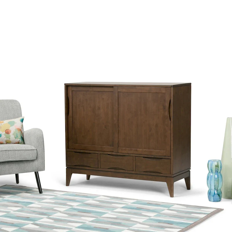 48-Inch Wide Mid-Century Modern Storage Cabinet with Sliding Doors and Drawers