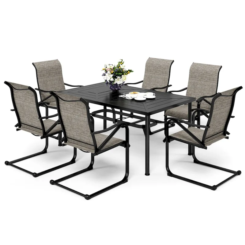7-Piece Patio Dining Sets , 6 Textilene Fabirc Chairs and 1 Metal Table with 2.1 Umbrella Hole