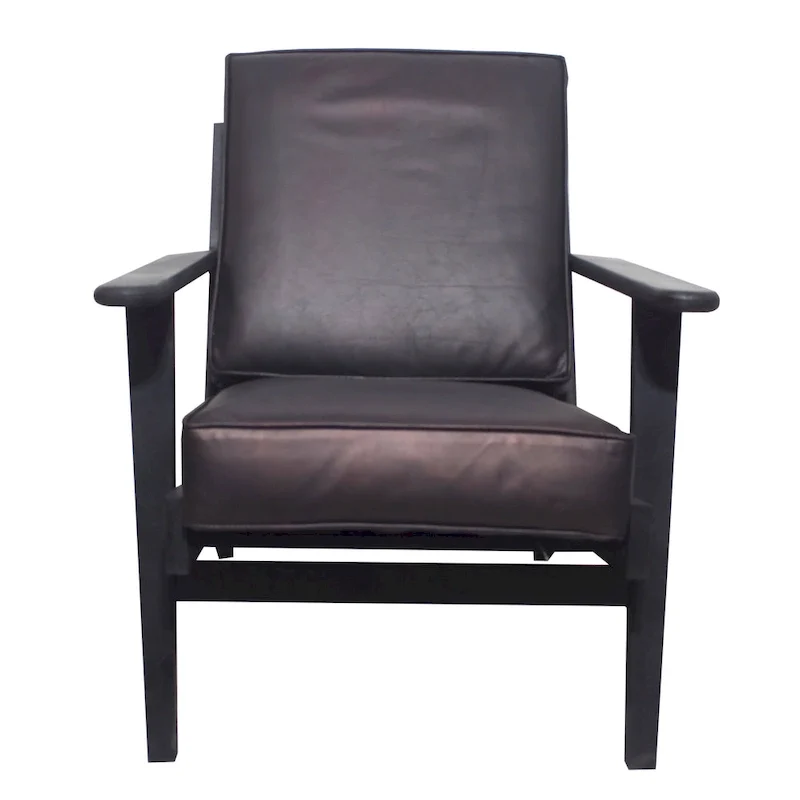 Amber Accent Chair, Handcrafted Slatted Mango Wood, Buffalo Leather Cushions, Angled Legs