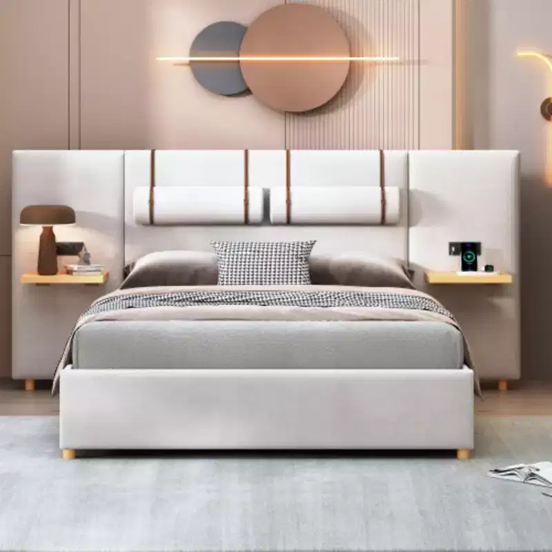 Queen-Size Velvet Upholstered Platform Bed with Dual Outlets, USB Charging Ports, Bedside Pillows, and Storage Shelves