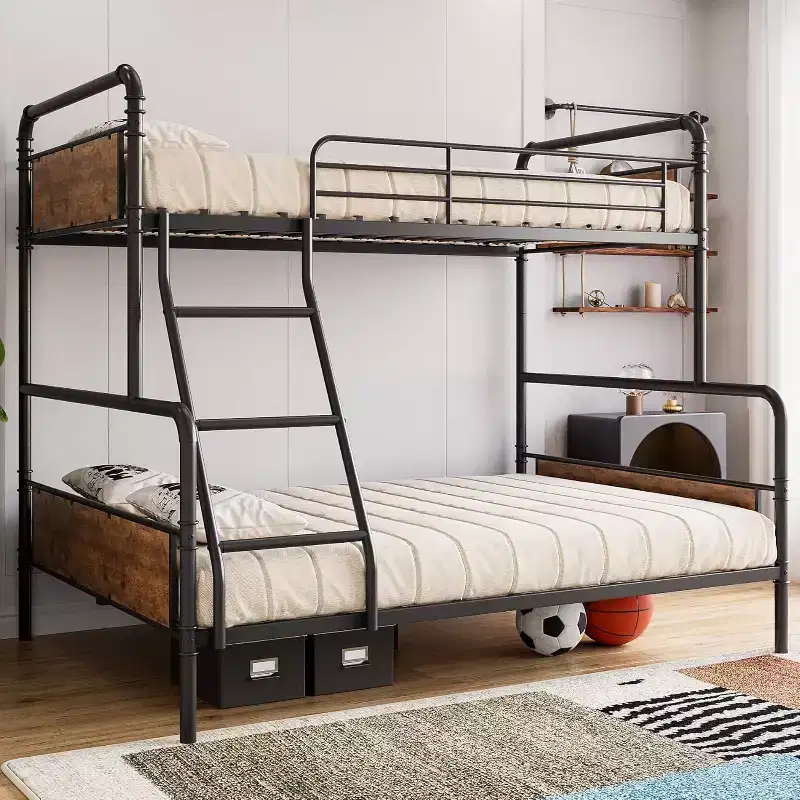Metal Bunk Bed Twin Over Full Size with Angled Ladder, High Guardrail, Heavy Duty Bunk Bed Frame with Metal Slats, Smooth Rounded Edges,Vintage Brown
