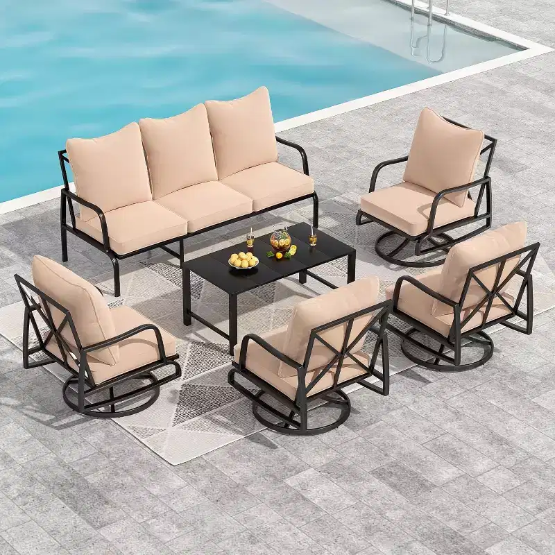 NAYSAYE Patio Chaise Lounges Outdoor Metal Conversation Set with Swivel Chairs for Garden Relaxation, Beige, 74*34*28