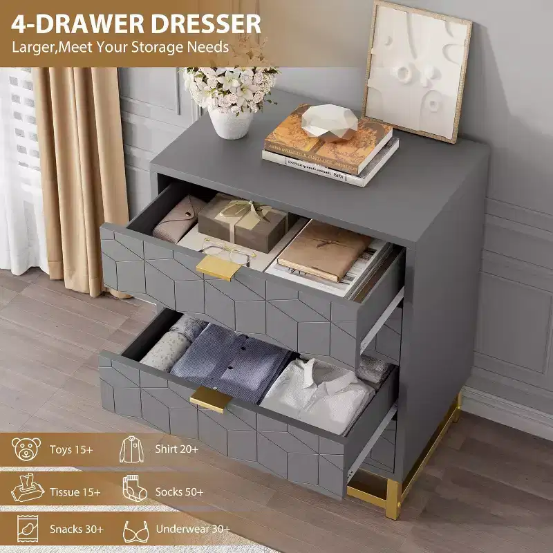 Zstar Bedroom Dressing Table, 4 Drawer Dresser with Metal Legs
