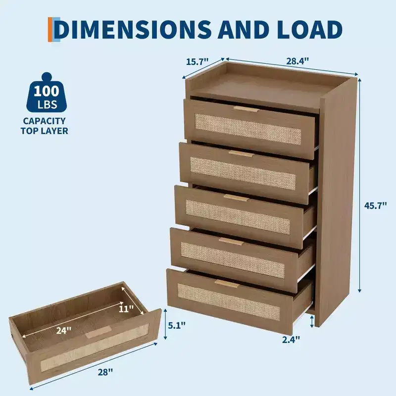 COZONY Rattan Dresser, 5-Drawer Tall Storage Chest w/ Metal Handles for Bedroom & Living Room