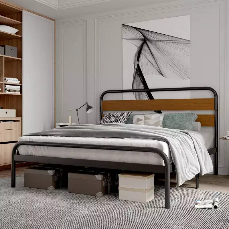 King Size Bed Frame, Heavy Duty Platform Frame with Wooden Headboard and Under-Bed Storage, Noise Free Design Mattress Foundation, Easy Assembly