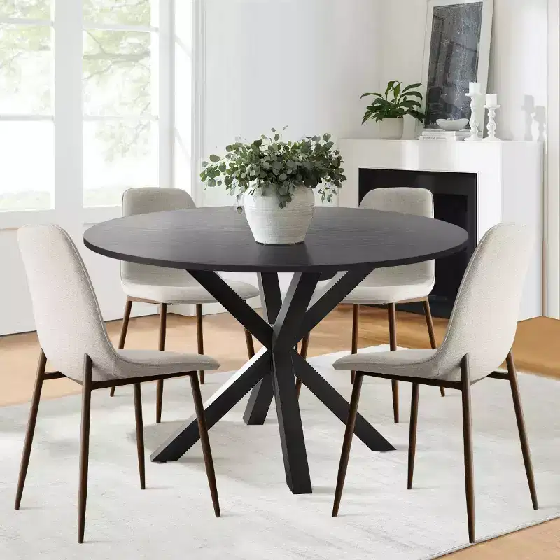 5 Pcs Dining Set for 4 Round Dining Table with Crossed Metal Legs and Oak Grain Upholstered Chairs for Kitchen and Dining Room - Panipeachy