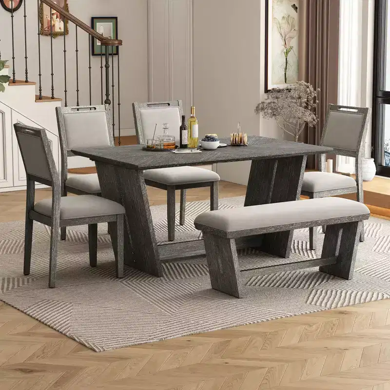 Herty 6 Piece Dining Set with 60 Rubberwood Kitchen Table and Upholstered Chairs & Bench