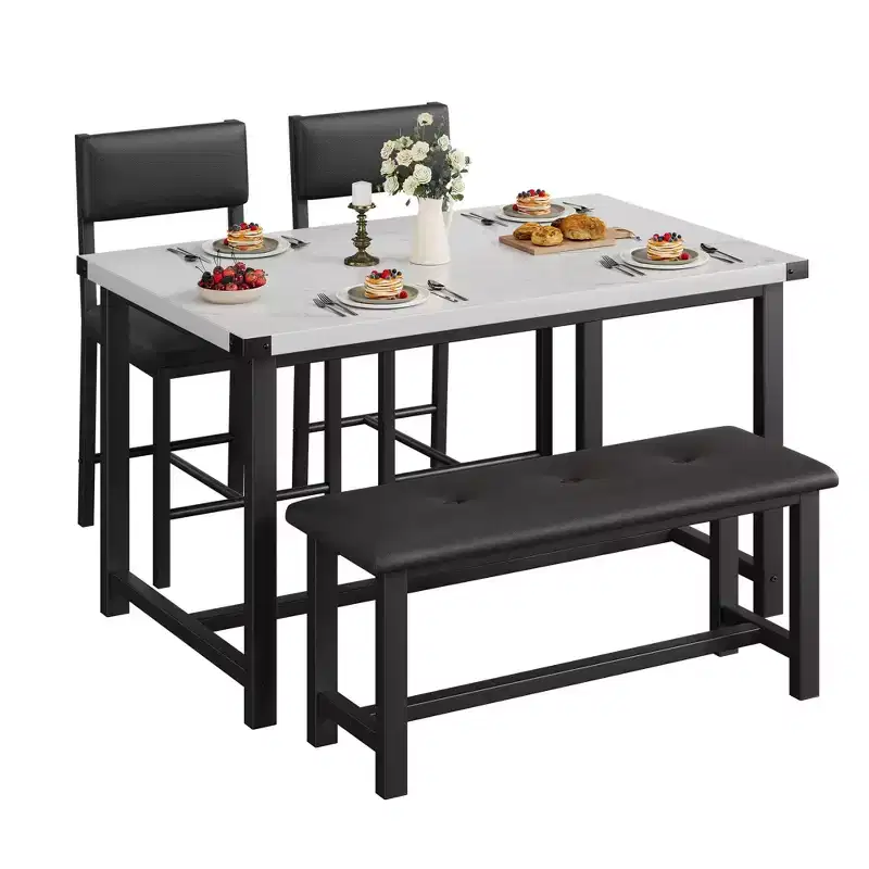 Farmhouse 4-Piece Dining Table Set, Marble White, Rectangular Table with Upholstered Chairs & Bench, Space-Saving, for Apartment/Dining Room
