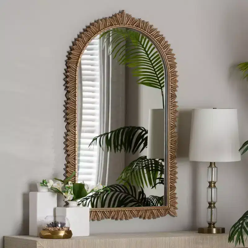 Arched Wall Mirror with Carved Leaf Border - Gold Finish