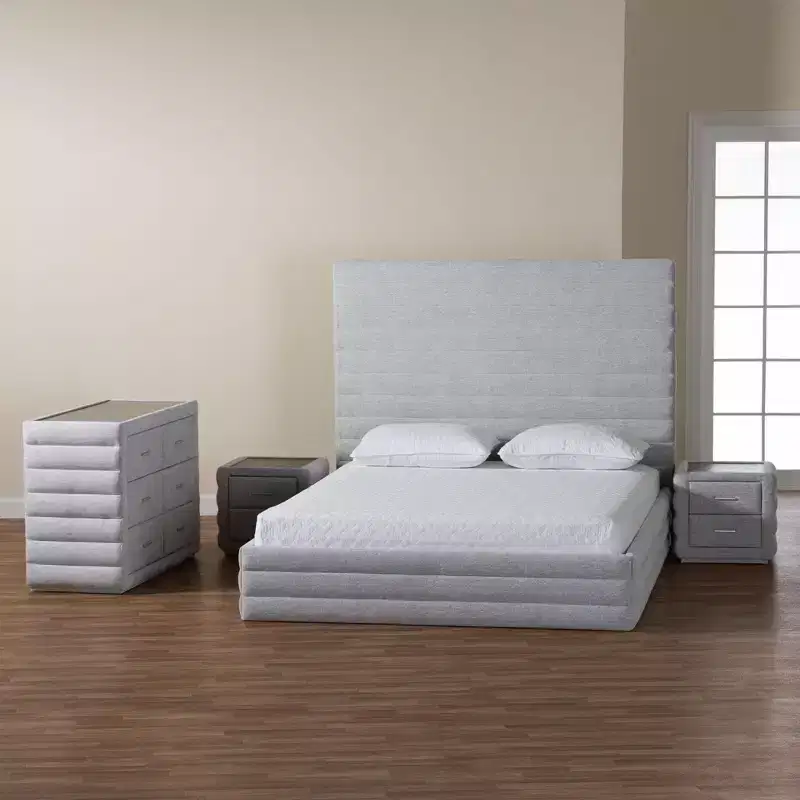 Baxton Studio Cadmus Modern Light Grey Channel-Tufted Fabric 4-Piece Bedroom Set