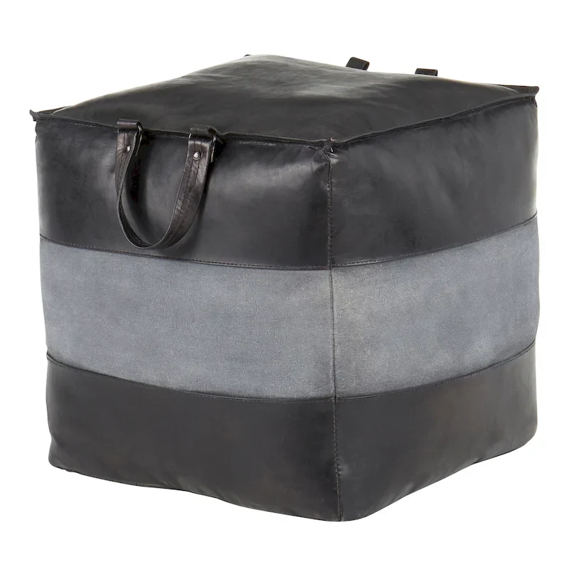 Leather & Canvas Pouf Ottoman – Brown/Tan, Black/Grey, Espresso/Tan – 1 Person