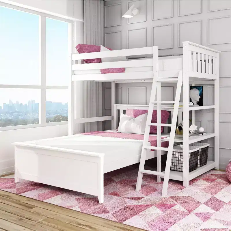 Max & Lily Solid wood L-Shaped Bunk Bed, Twin over Full with Bookcase for Kids
