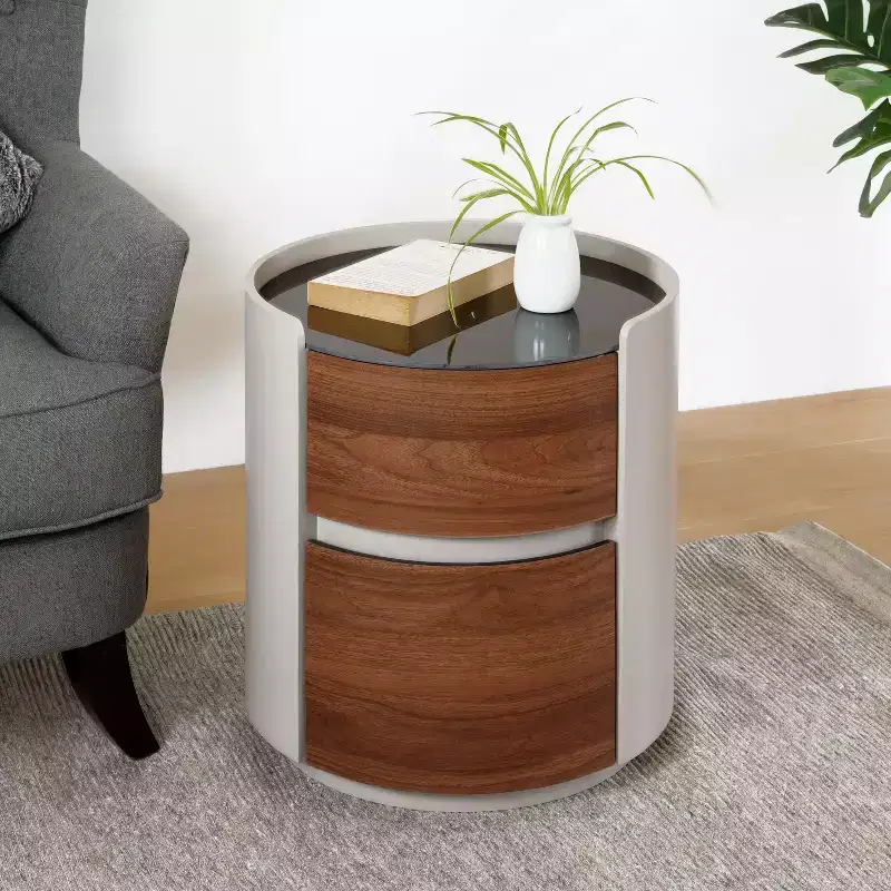 Okak Italian Vintage Side Table with Double Storage Shelves, End Table with Tempered Glass Top, Accent Table for Sofa Side, Living Room, Brown+Gray