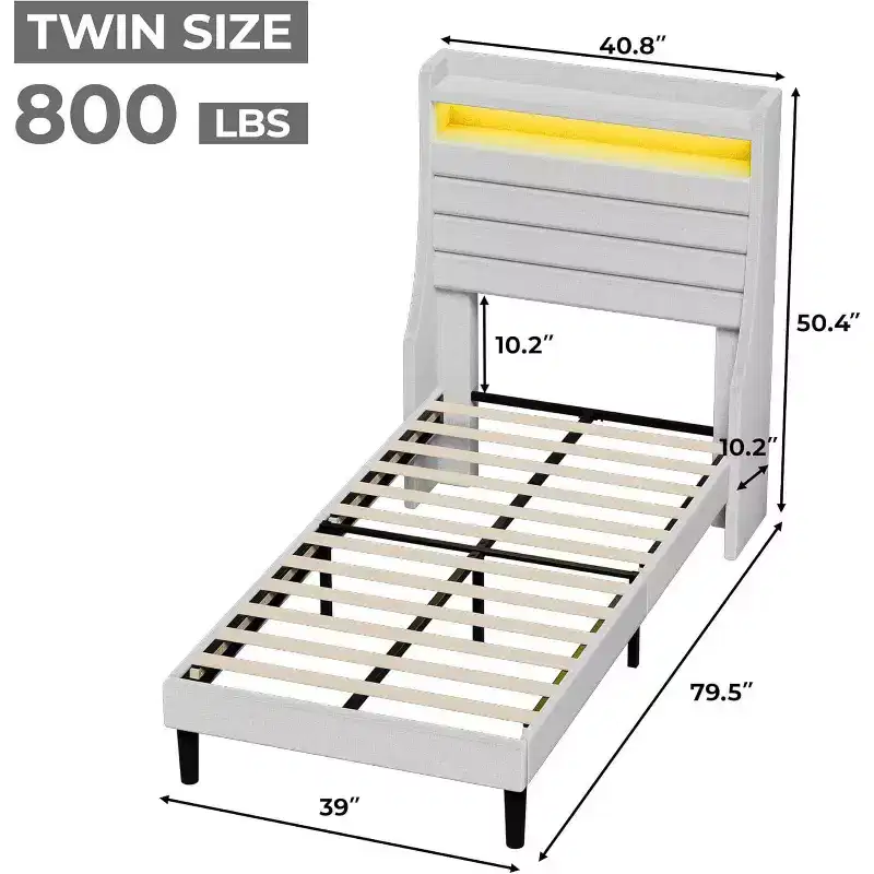 Upholstered Bed Frame with Storage Headboard, Charging Station & LED Lights, Wood Slat Support, No Box Spring Required, Noise-Free.