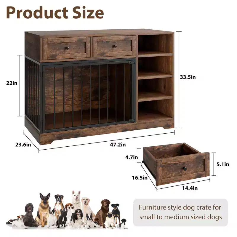47 Dog Crate Furniture - 2 Storage Drawers, 4 Deep Shelves, Farmhouse Wooden, Extra Large Dog Cage End Table, Indoor Kennel for Large Medium Dogs
