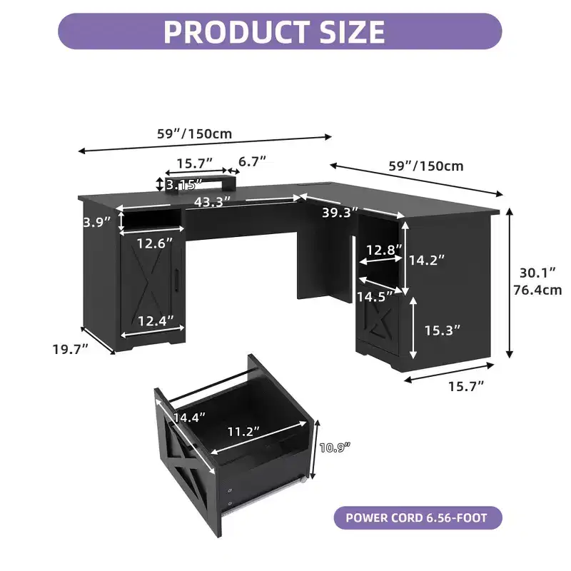 60 Inch L Shaped Desk Corner Computer Desk With File Drawer And Storage Cabinet For Home Office, Study Room