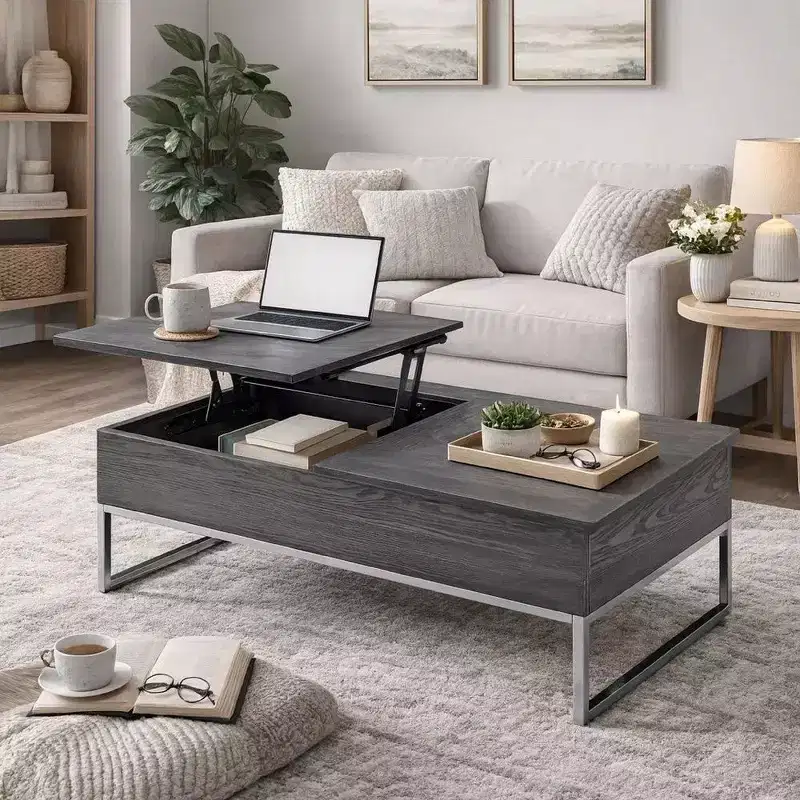Wooden Coffee Table with Two Lift Tops and Metal Sled Leg Support, Gray and Silver