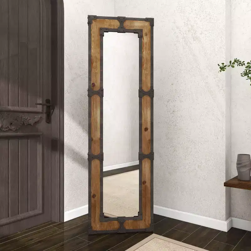 Rustic Wood Freestanding Floor Mirror in Brown, Ornate Decorative Frame