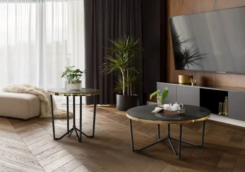 24 Modern Round Glass Top End Table - Black and Gold with Metal Legs