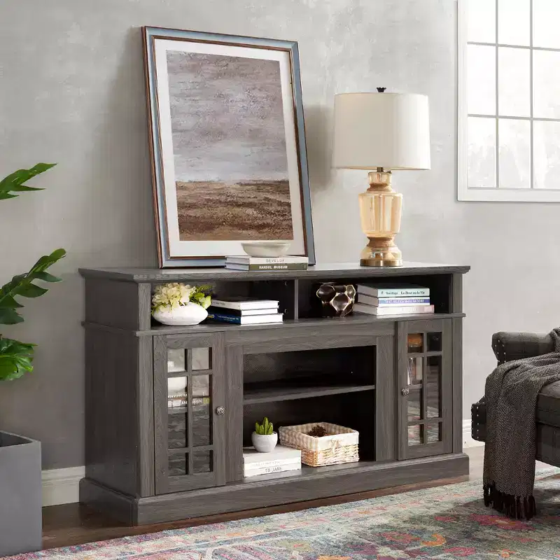 Tv Stand Modern Media Entertainment Center Console Table,with Closed Cabinets,Glass Door & Open Storage Shelves,for Living Room