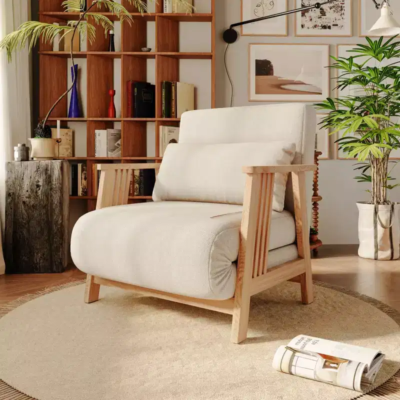 Convertible Fabric Accent Armchair Futon Sleeper Chaise, Solid Wood Frame, Beige