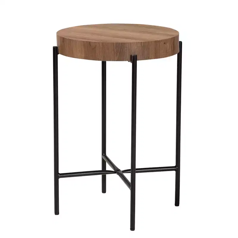 Modern Industrial Round End Table, Walnut Brown MDF Top & Black Metal Frame – 15.7